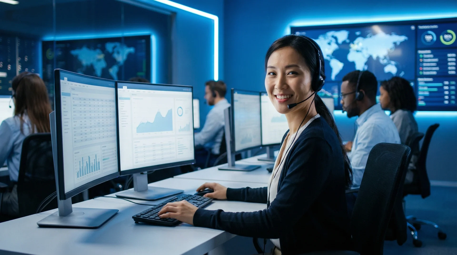 云顶娱乐专业客服团队在现代化办公室提供全天候服务