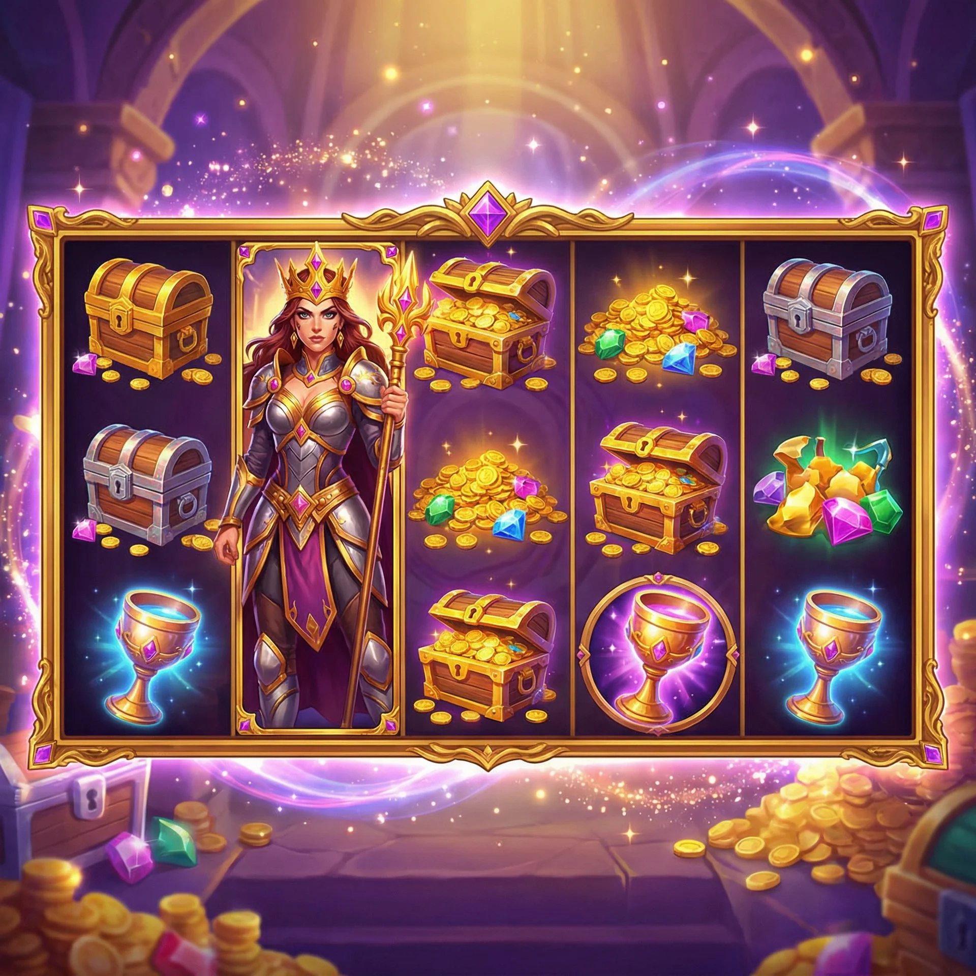 赏金女王游戏中华丽的女王角色和宝藏场景